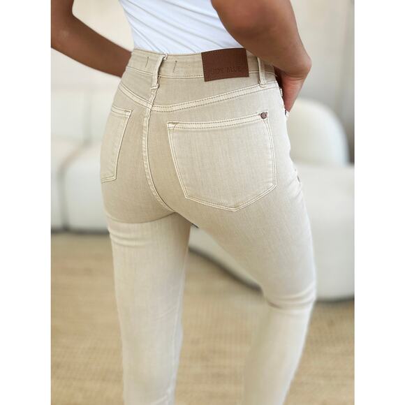 Judy Blue High Rise Waist Garment Dyed Tummy Control Skinny Denim Jeans | Bone - Picture 6 of 6